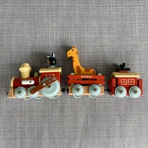 Mickey Mouse Disney Wooden Toy Train Set - 6 Piece Magnetic w/ Whistle & Giraffe